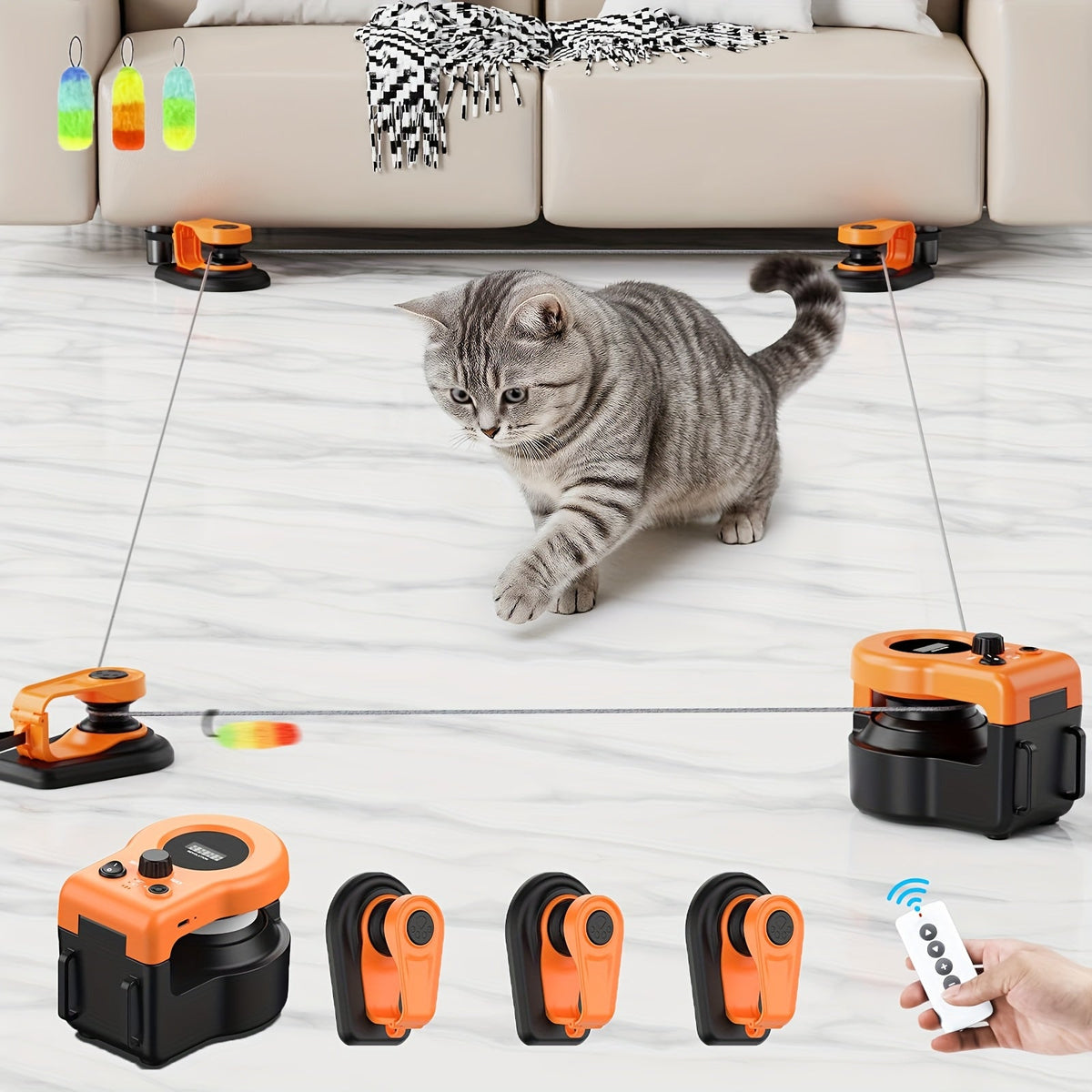 Electric Feather Mouse Lure Coursing Machine with DIY Track, Mouse Sounds, Auto Timer, Boredom Buster for Indoor Cats Kittens, 2 Speed Modes | Interactive Cat - product image