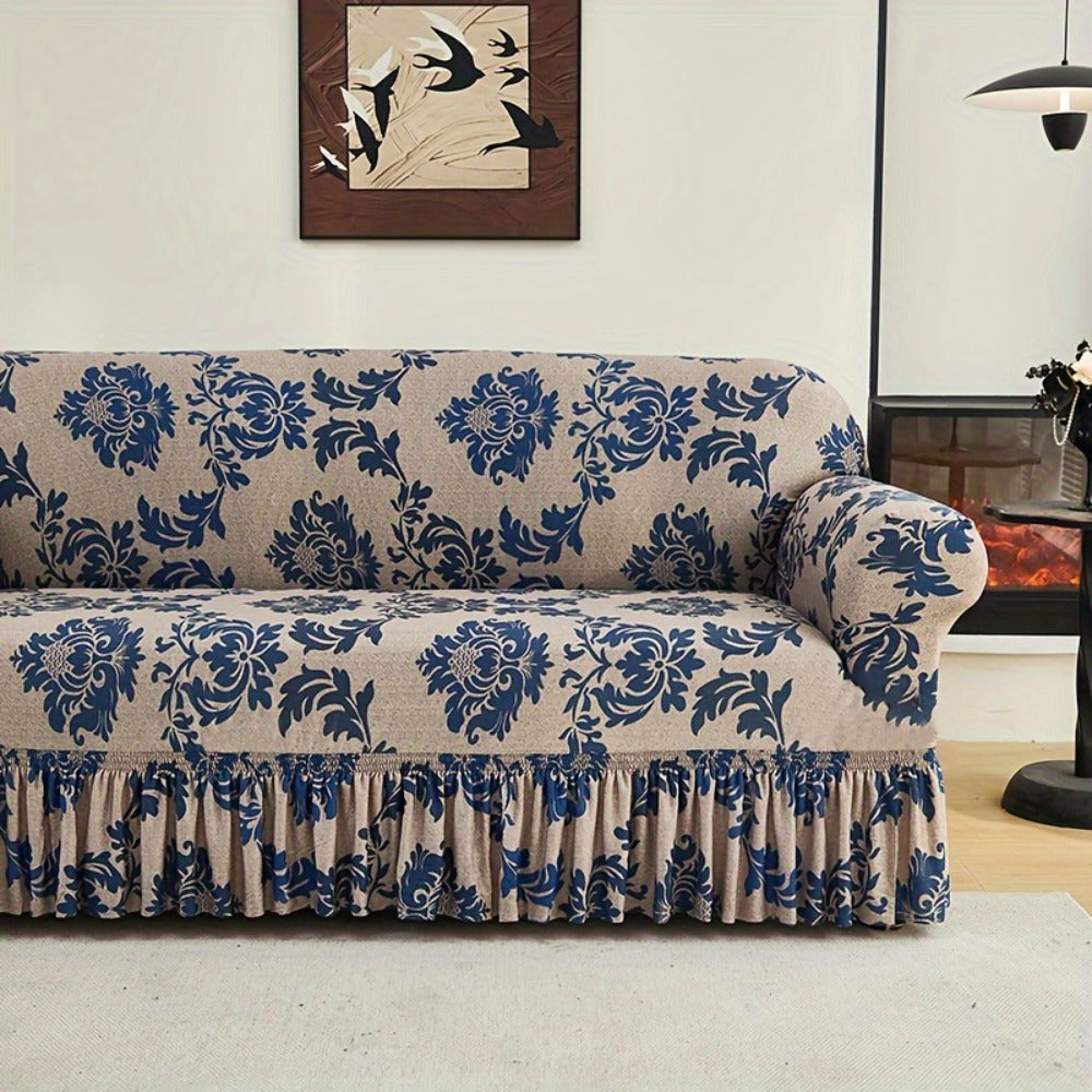 Stretch Sofa Cover Slipcover High-Stretch Fabric Ruffle Skirt Non-Slip Rod All-Season Snug Fit for 1 2 3 4 Seater Couch — Dark Blue with Pillow Cover - product image 11