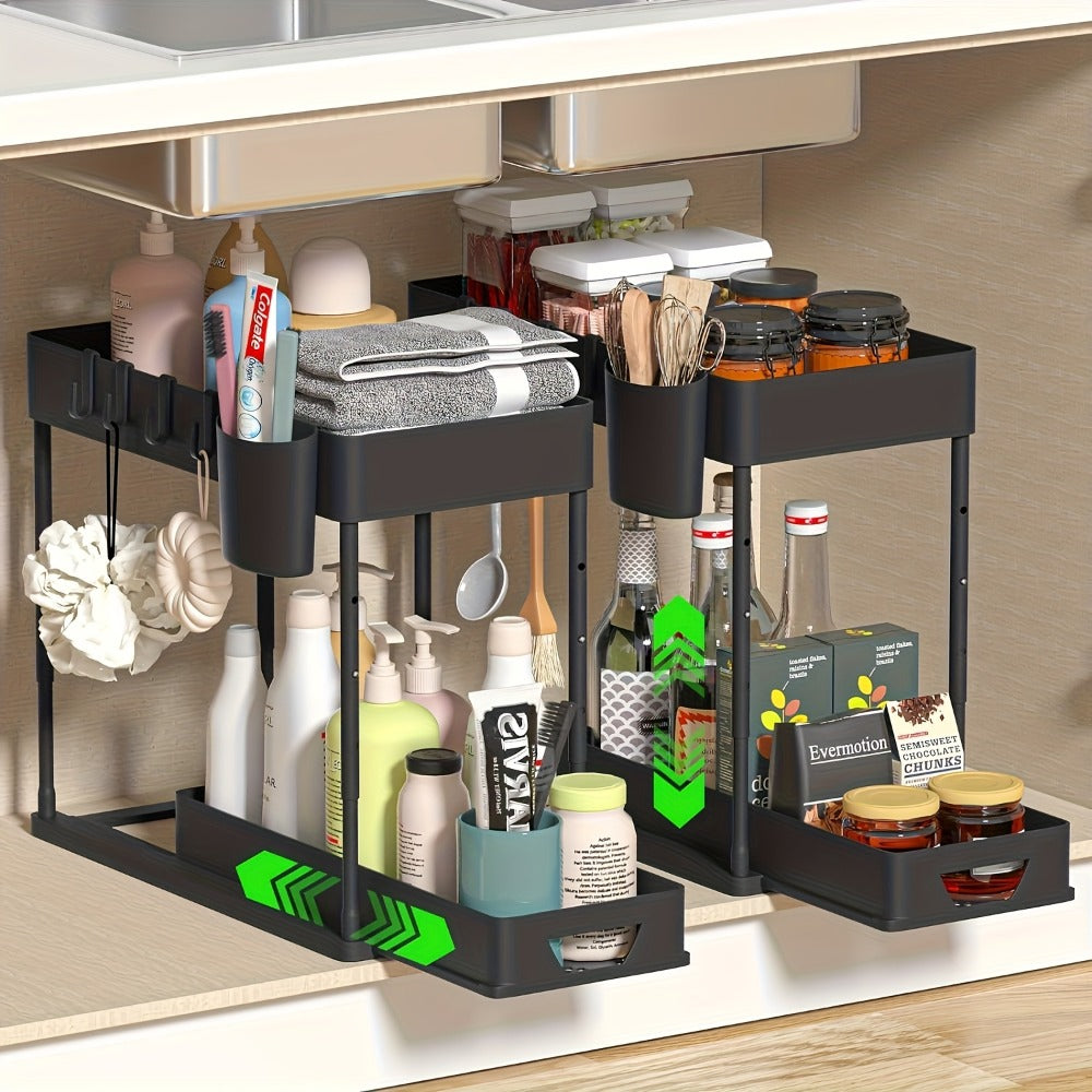Under Sink Organizer 2-Tier Sliding Cabinet Basket with Hooks – Adjustable Bathroom Kitchen Shelf Storage Rack for Cabinets - product image 3