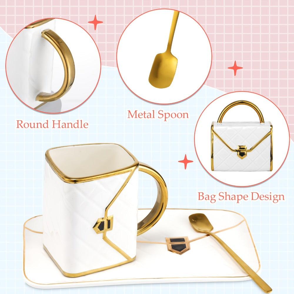 Purse Shaped Coffee Mug Set of 4 – 10 Oz Handbag Ceramic Tea Cup with Saucer & Spoon – Novelty Fashion Gift Mug for Women – Perfect Birthday, Mother's Day & Housewarming Gift - product image 2