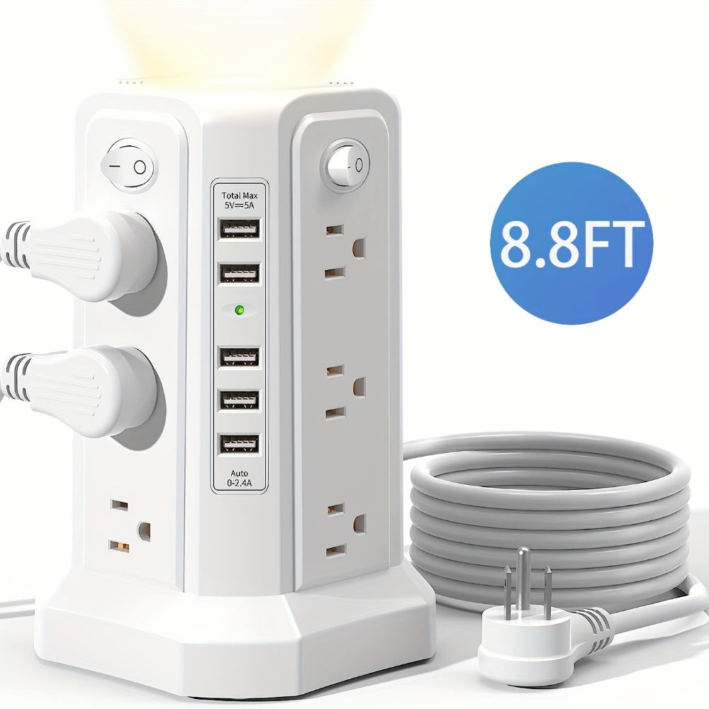 Surge Protector Power Strip Tower with 12 AC Outlets 5 USB Ports 8.8FT Extension Cord Night Light 4 Individual Switches Overload Protection for Home Office Desk Dorm Room - product image 9