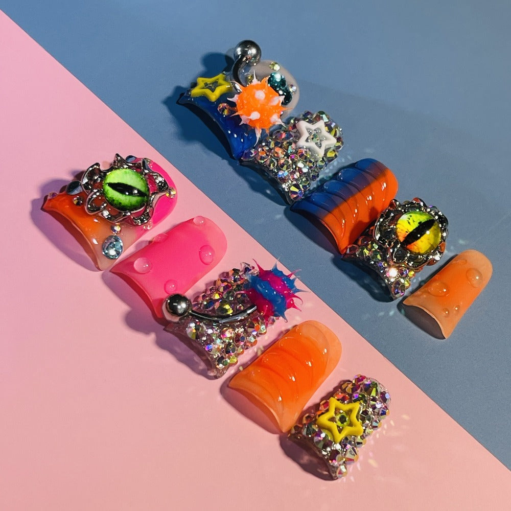 Y2K Duckbill Press On Nails Handmade 3D Charm – Nightmare Eye Barbell Rhinestone Strobe Gradient Star False Nails for Women Girls | Edgy Festival Party Nail Art | S M L Sizes Pink  - product image 14