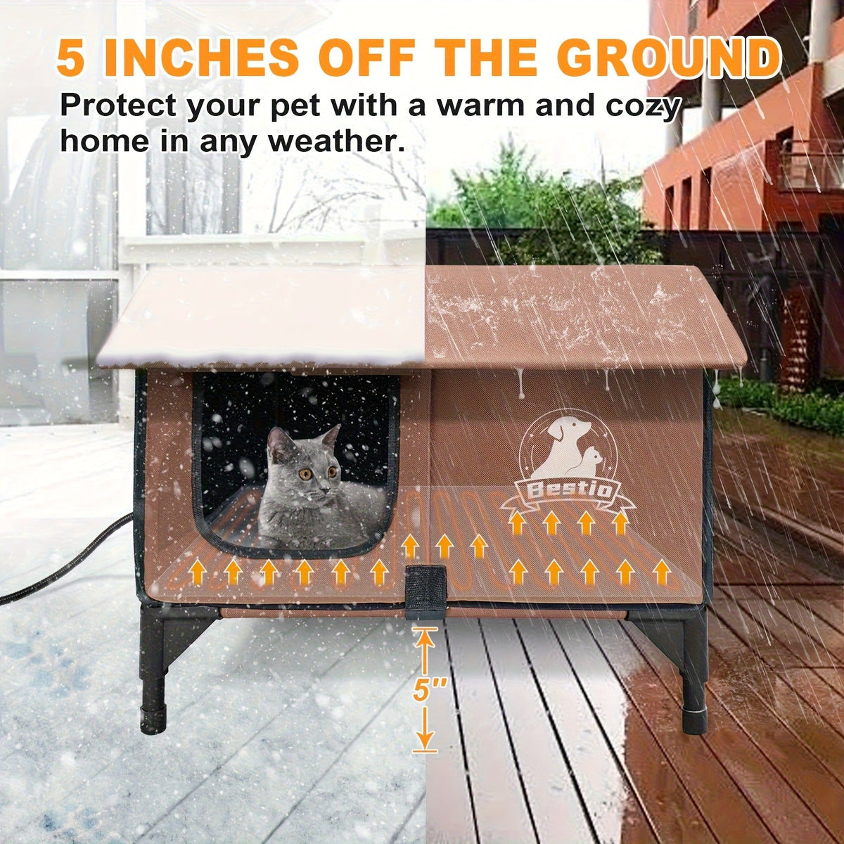 Heated Cat House 3-in-1 with Removable Warming Pad | Elevated Cat Bed for Indoor & Outdoor Cats | Chew-Resistant Cord | All-Season Cat Shelter & Condo | Double - product image 10