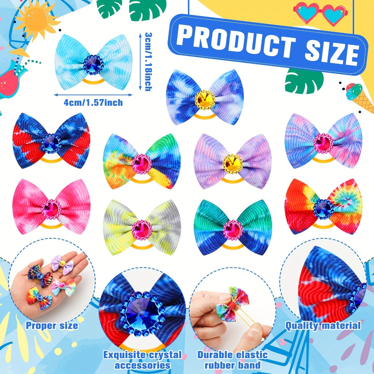 Colorful Spring Dog Topknot Bows for Small Dogs, Cats & Grooming Salons, Bulk Hair Bow Set | Dog Hair Bows 100 Pack Tie Dye Rhinestone Puppy Grooming - product image 5