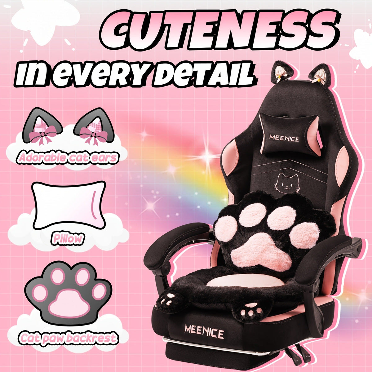Cat Ear Gaming Chair Ergonomic Reclining Computer Chair with Footrest Paw Lumbar Cushion Wingback PC Game Chair for Girls Adults 300LBS Pink Black Blue for Barbershop & Home Grooming