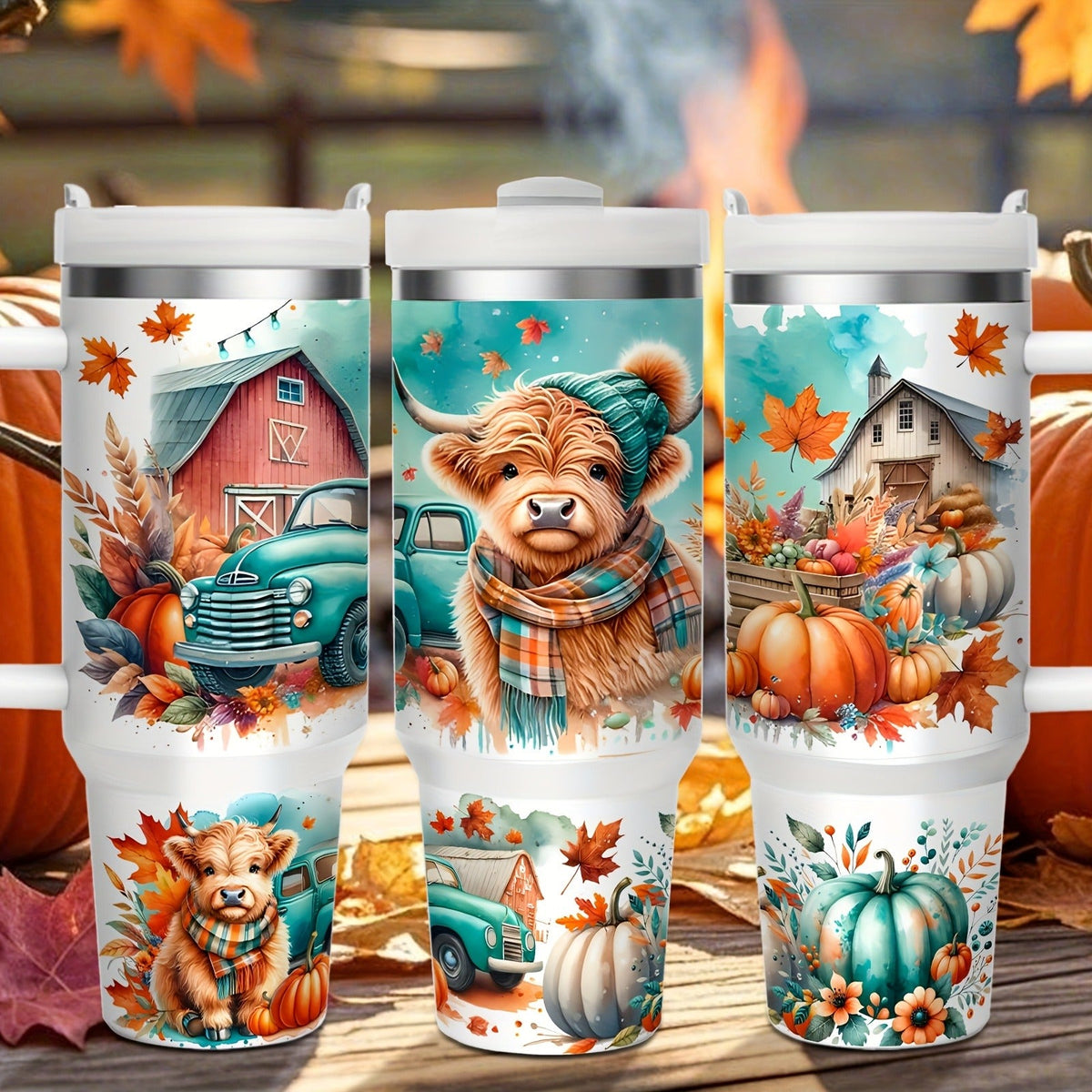 Stainless Steel Insulated Tumbler With Lid and Straw – 40oz & 16oz Highland Cow Thanksgiving Water Bottle With Handle – Keeps Cold 24 Hours Hot 12 Hours – Portable Travel Cup for Car Home Office Birthday Gift