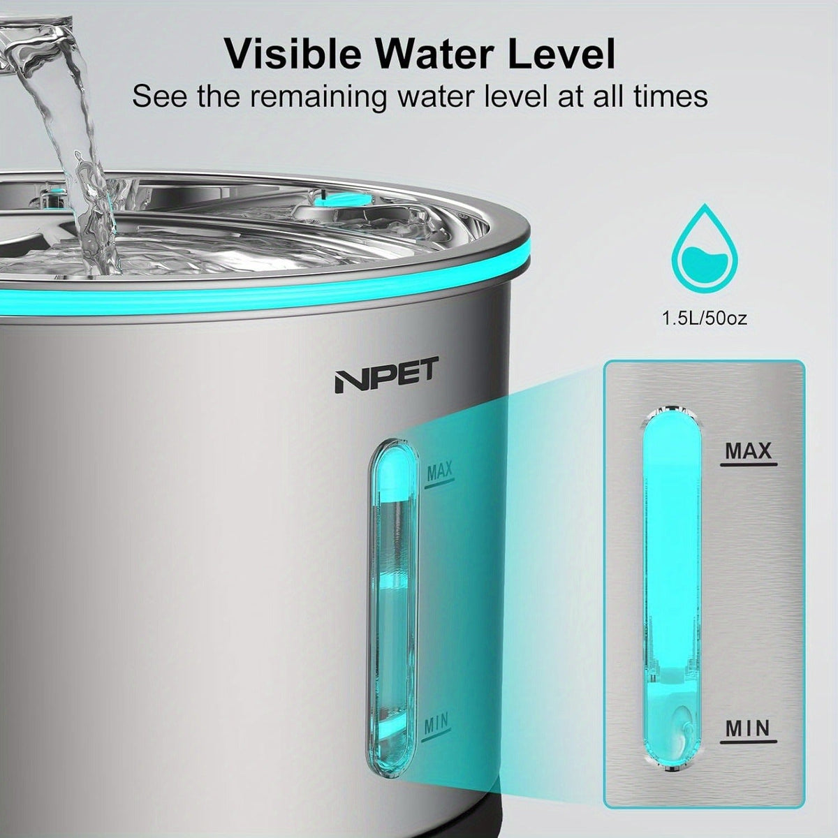 Cat Water Fountain Stainless Steel 50oz/1.5L | Ultra Quiet Auto Pet Water Dispenser with LED Light, Visible Window & Dishwasher Safe | Includes Replacement - product image 5