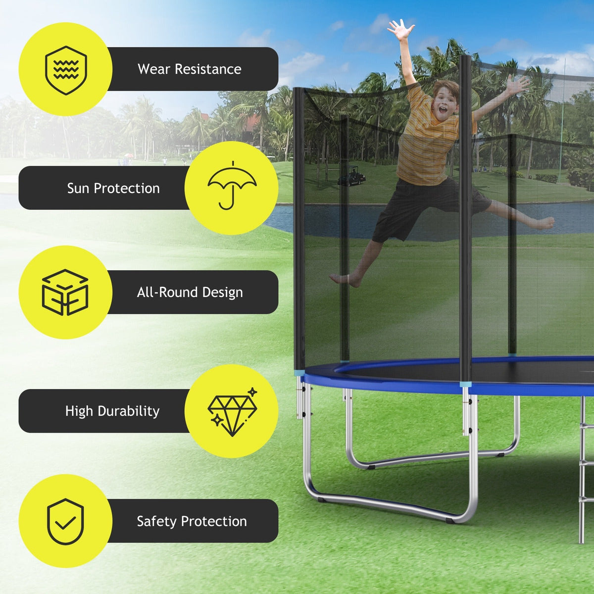 PE Enclosure Net with Zipper Door & Safety Buckles for 8 Straight Poles – Trampoline Safety Net Replacement 12FT 14FT
