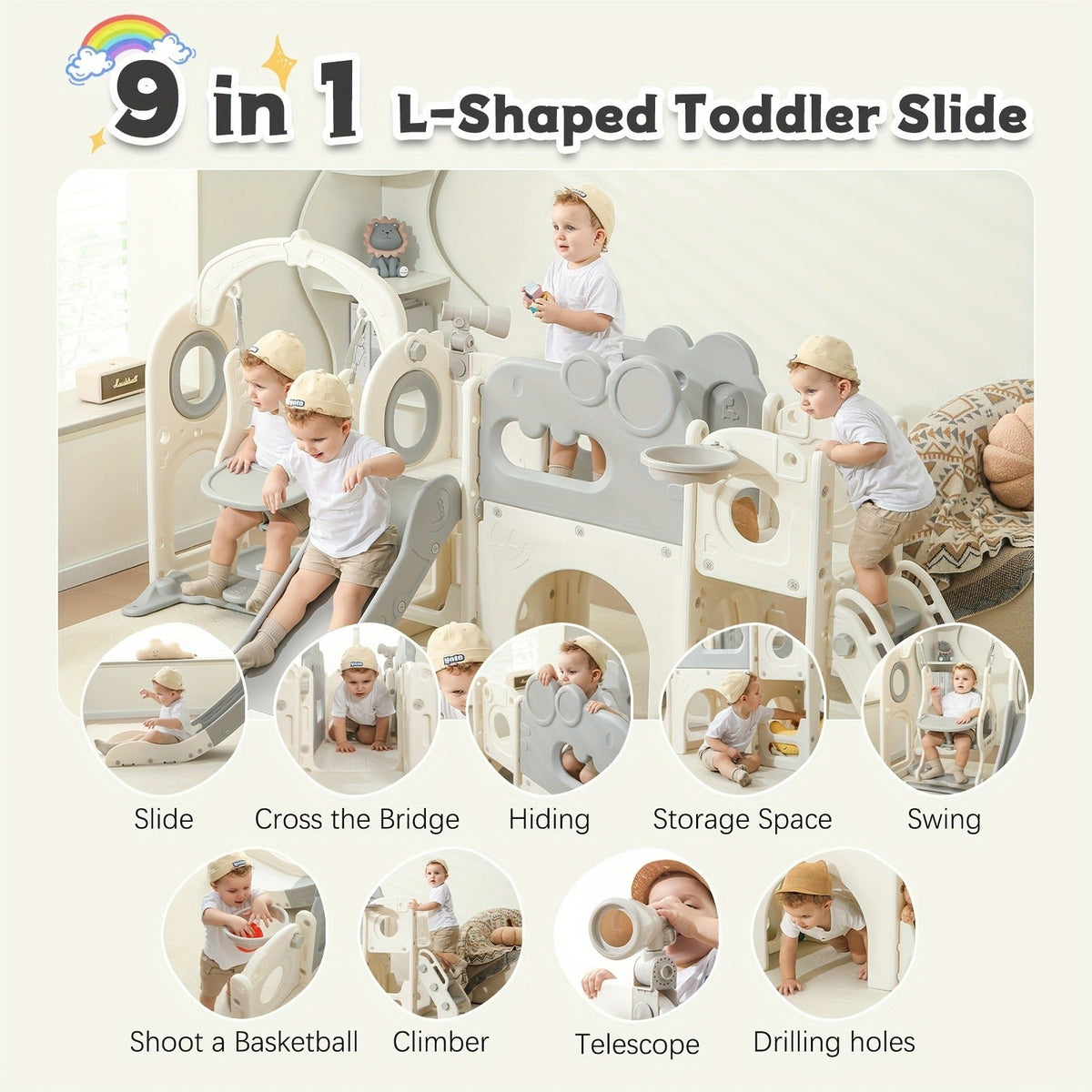 9-in-1 Collapsible Toddler Slide with Basketball Hoop Telescope Climbing Set Indoor Outdoor Kids Playset Extended Slide for Toddlers Boys Girls - product image 5