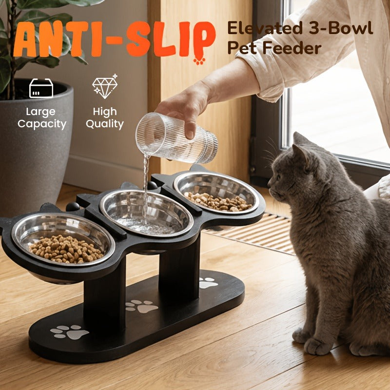 Elevated Cat Bowl Stand with Tilted Stainless Steel Bowls | Adjustable Raised Feeder, Anti-Spill, Black Wood Base for Cats & Small Dogs - product image 5