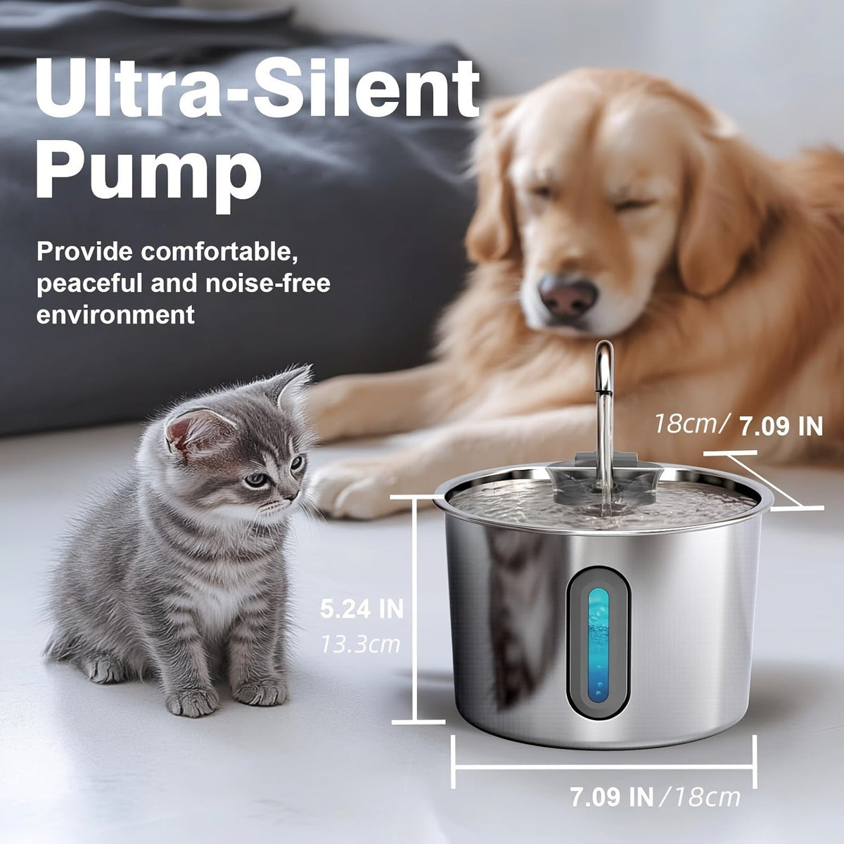 304 Food-Grade Steel, Ultra-Quiet USB Pump, 3-Stage Filtration, Visible Water Level Window, Auto Circulation for Cats & Small Dogs – Stainless Steel Cat Water - product image 5