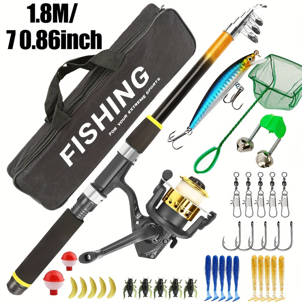 Medium-Fast Action Telescopic Fishing Rod with Line, Lures, Accessories Box & Carry Bag, Ambidextrous Design for Beginners – Baitcasting Rod and Reel Combo Set