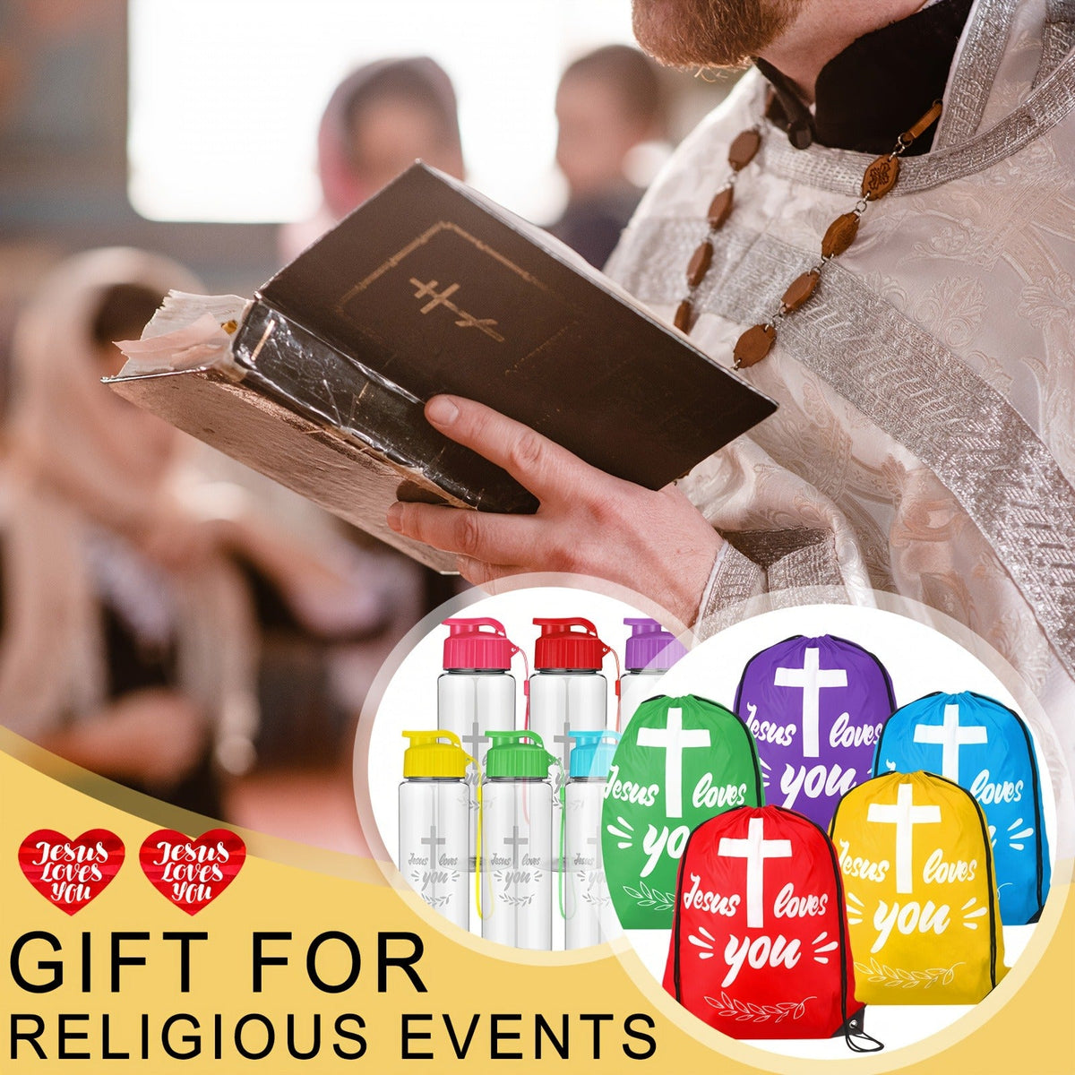 10 Drawstring Backpacks & 10 Sport Bottles with Bible Verses, God Loves You Church Event Favors for Kids, Vacation Bible School, Sunday School & Religious Celebrations | Christian Party Gifts Bulk Set 20pcs