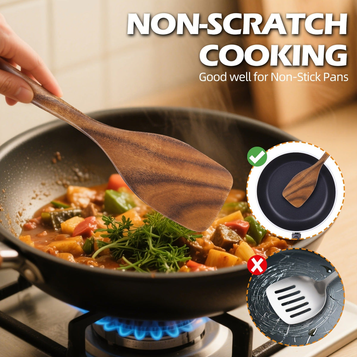 Wooden Cooking Utensils Set 6 Piece – Teak Wood Non-Stick Kitchen Tools with Comfortable Grip – Sturdy, Lightweight & Heat-Resistant Utensils for Indoor & Outdoor Cooking