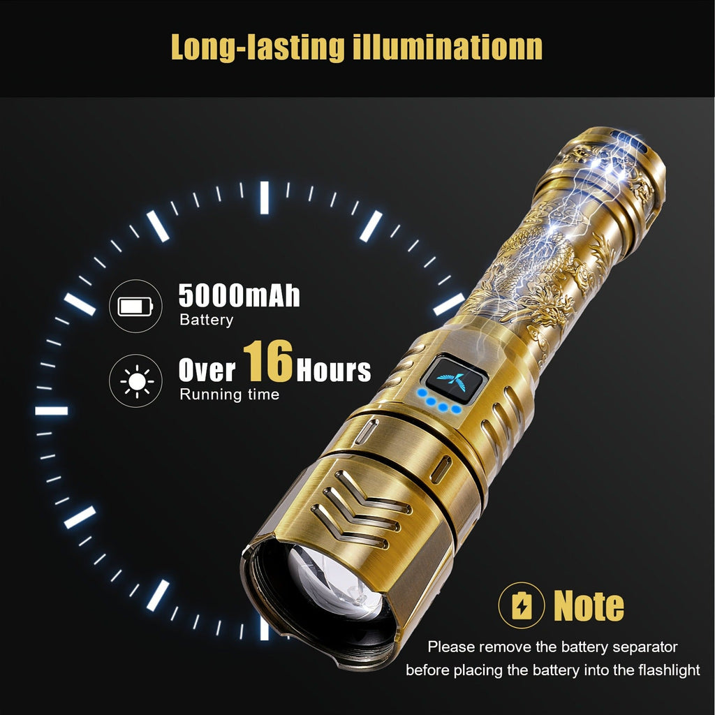 1000 Lumen Dragon Pattern LED Torch, Zoomable Beam, Fire Starter Lens, 4 Modes, Aluminum Alloy for Camping, Outdoor & Emergency Use – Rechargeable Flashlight - product image 10