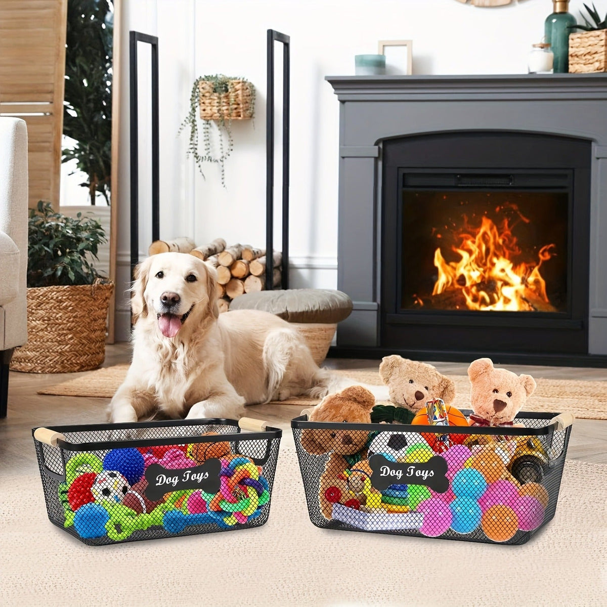 2-Pack Mesh Wire Organizer Bin for Dog Toys, Collars, Blankets & Accessories | Metal Dog Toy Storage Basket Set with Wooden Handles - product image 7
