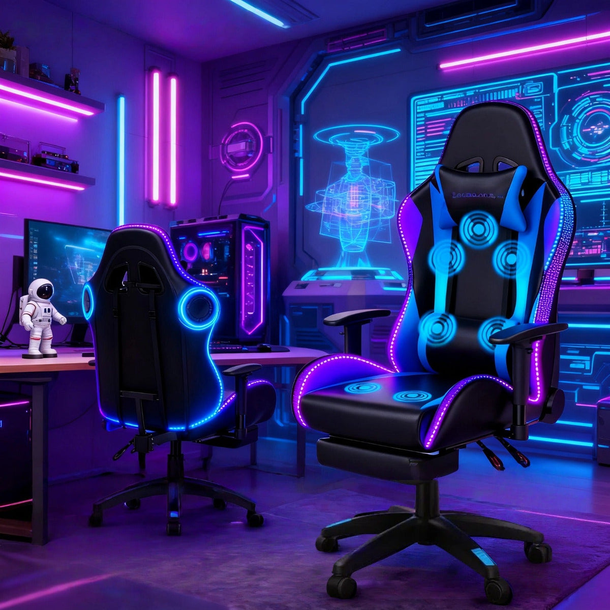 RGB LED Lights, 135° Reclining with Footrest, 7-Point Vibration, 3D Adjustable Arms, 360° Swivel, Heavy Duty 400 lbs Big & Tall Ergonomic Chair, Blue Black – Gaming Chair with Massage and Bluetooth Speaker