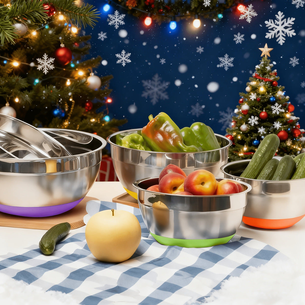Stainless Steel Mixing Bowls Set with Airtight Lids 7 Piece | Dishwasher Safe Kitchen Bowls for Cooking Baking Camping Travel | Stackable Nesting Bowls with Measuring Spoons Whisk Spatula Tongs Basting Brush