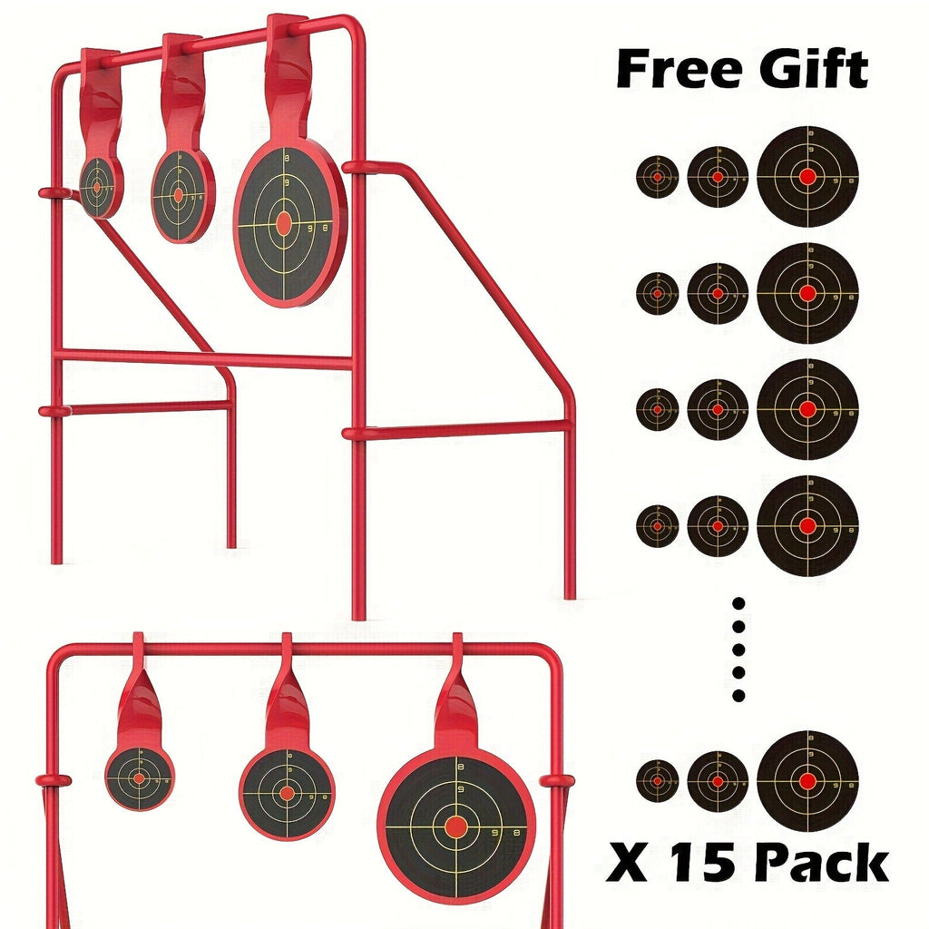 .22LR Rimfire Steel, 3 Floating Targets + 15 Bullseye Paper Targets, Foldable & Easy Setup – Triple Spinner Shooting Target