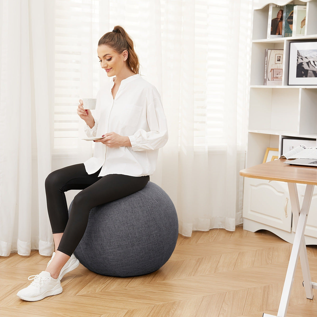 Stability Balance Ball Seat for Home Office Desk, Yoga Pilates Birthing Ball, Relieves Back Pain & Improves Posture, Grey & Black, Anti-Burst Design | Exercise Ball Chair 65cm with Fabric Cover