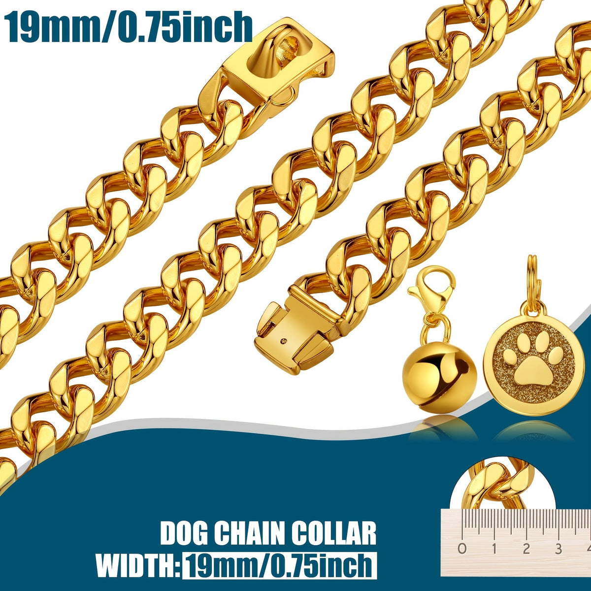 19mm Gold Plated Stainless Steel with Snap Lock, 6 Sizes for Puppy Small Medium Large Dogs | Cuban Link Dog Chain Collar - product image 8