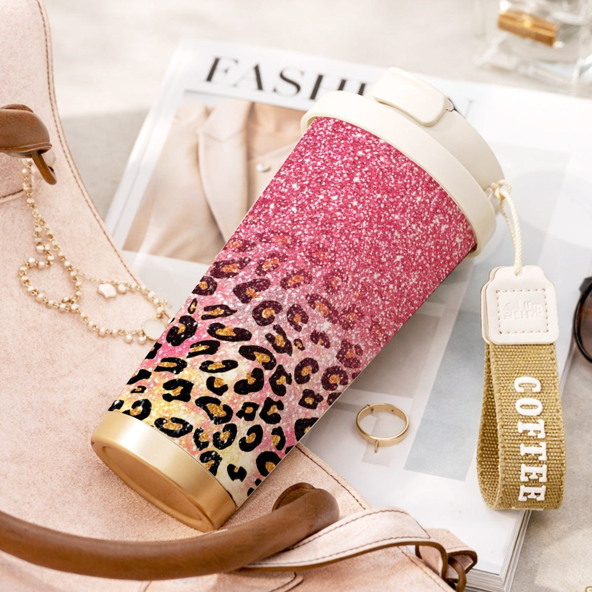 Pink Glitter & Golden Leopard Print, Leak-Proof Collapsible Straw Lid, Keep Hot 12H Cold 24H, Trendy Travel Coffee Cup Gift for Women | Insulated Stainless Steel Tumbler 18oz