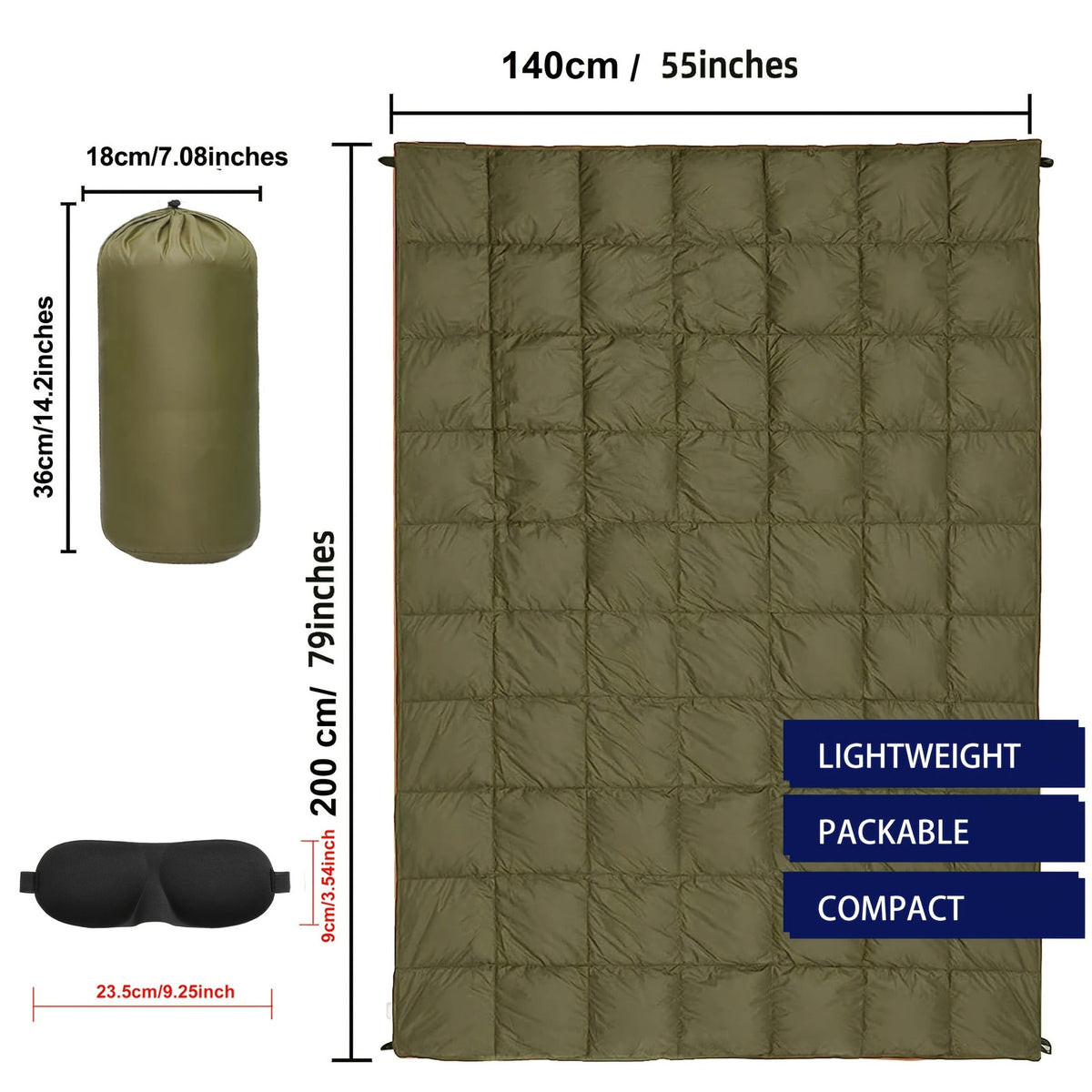 Puffy Camping Blanket Foldable Lightweight Water Resistant with 3D Eye Mask – DWR Coated Outdoor Blanket for Camping, Hiking, Travel, Beach, Stadium & Car, Warm Packable Throw in 4 Colors, 55" x 78"