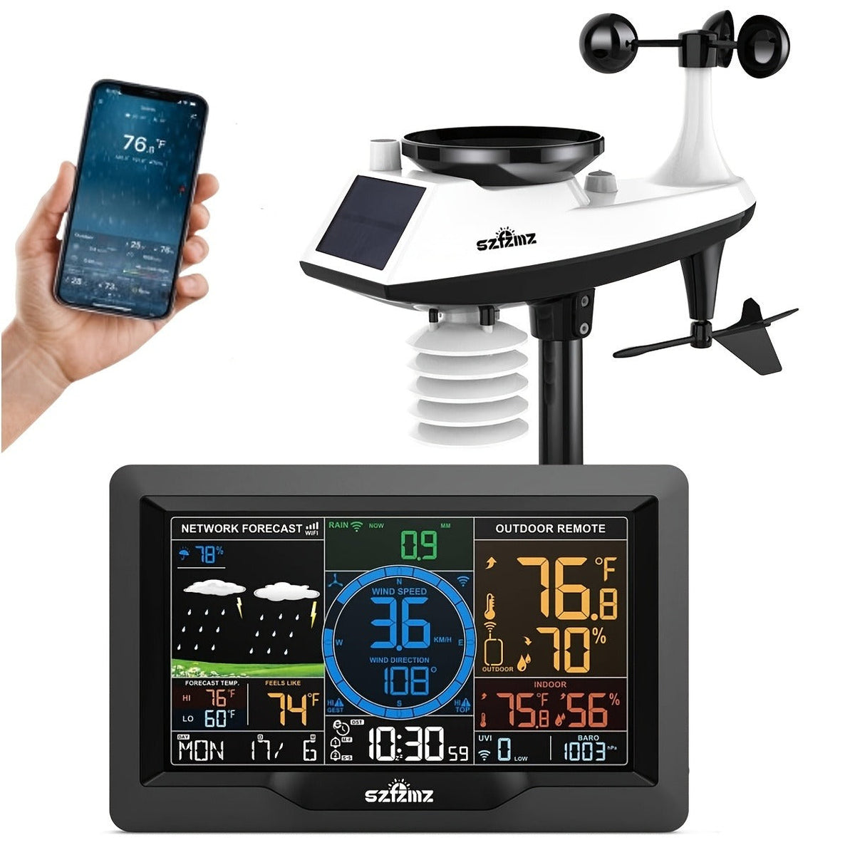 Wireless Indoor & Outdoor with Rain Gauge, Wind Speed, Solar Sensor & Smart App – 7-in-1 WiFi Home Weather Station