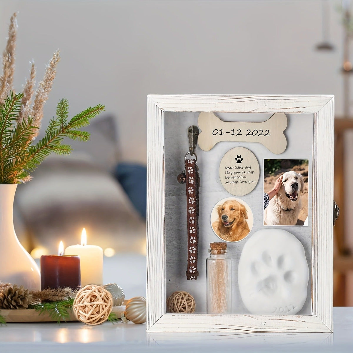 Pet Memorial Shadow Box 8x10 Wood Frame Display Case with Paw Print Kit Small Bottle & Pins – Dog Cat Urn Ashes Keepsake Box for Loss Pet Remembrance Memory Gift – 1 Set
