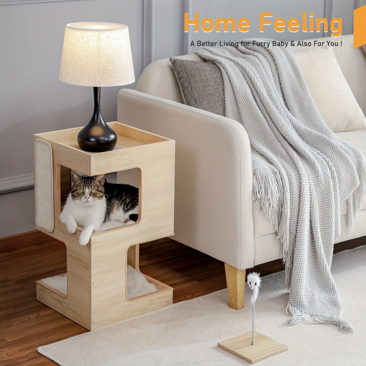 Cat Tree Small Modern 23.6" Wood Cat Tower Furniture with Scratching Pad Removable Soft Mats & Free Cat Toy for Indoor Kittens – Brown – Climbing Scratching - product image 2