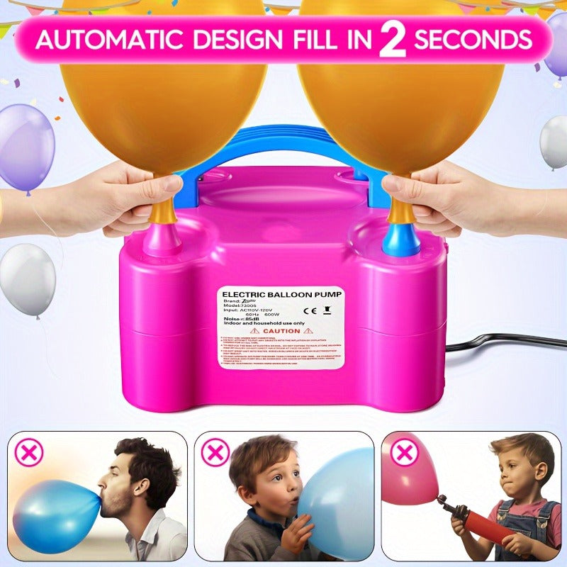Electric Balloon Pump Double Nozzle 600W | Portable Fast Balloon Blower Inflator for Party Decoration, Birthday, Wedding & Events, 110V-120V, Multiple Colors with Optional Balloon Kit (Green, Rose Red, Pink, Blue, Orange)