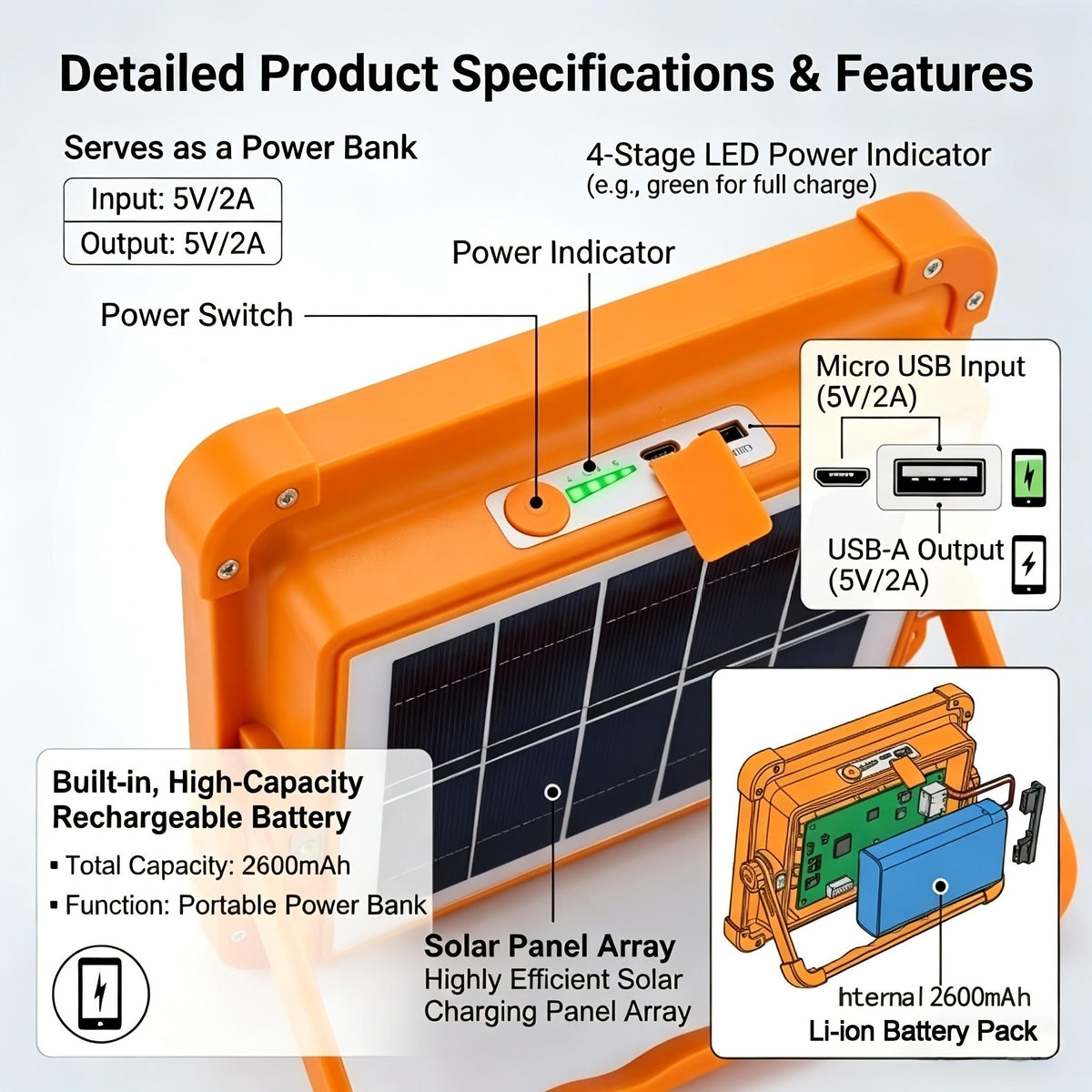 2000 Lumen Rechargeable Camping Light, Adjustable Brightness, Solar & USB-C Dual Charging, Waterproof Portable Hanging Lamp for Camping, Hiking, Garage & Emergency, 1/2/6/10 Pack – Solar LED Work Light with Magnetic Hook
