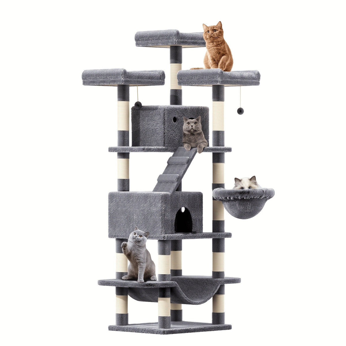 Large Multi-Level Cat Tree Tower – 68 – 81 Inch Tall Cat Condo with 2 Condos, 3 Plush Perches, Scratching Posts & Cat Hair Brush - product image 12
