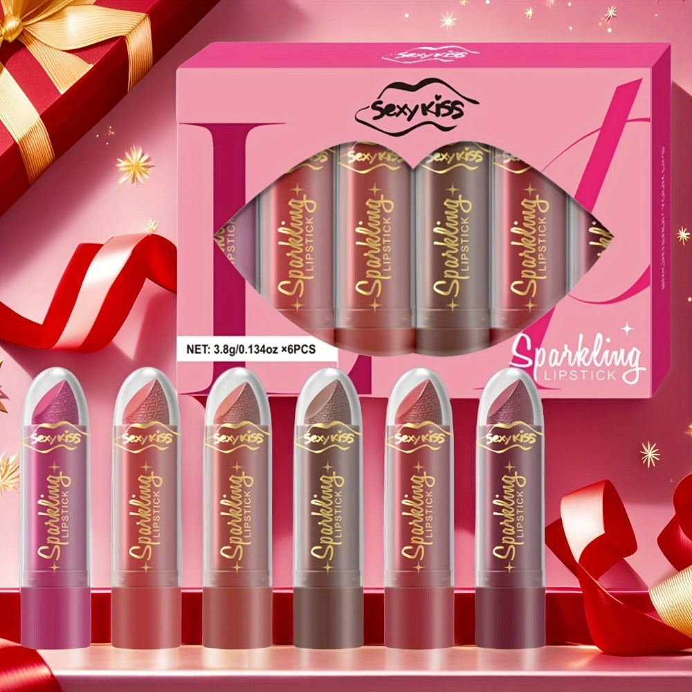 Glossy Shimmer Lipstick Gift Box Set 6PCS – Water-Resistant Long-Lasting Shimmering Lip Color in Assorted Shades, Buildable Pigment Luminous Finish Lipstick Collection for Women Al - product image