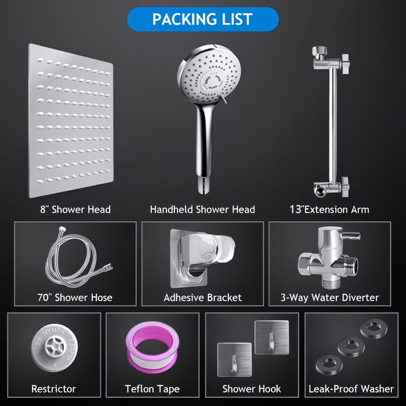 Shower Head, High Pressure Rainfall/Handheld Shower Combo With Extension Arm, 9 Settings, Anti-Leak Shower Head With Holder, Height/Angle Adjustable, Chrome - product image 4