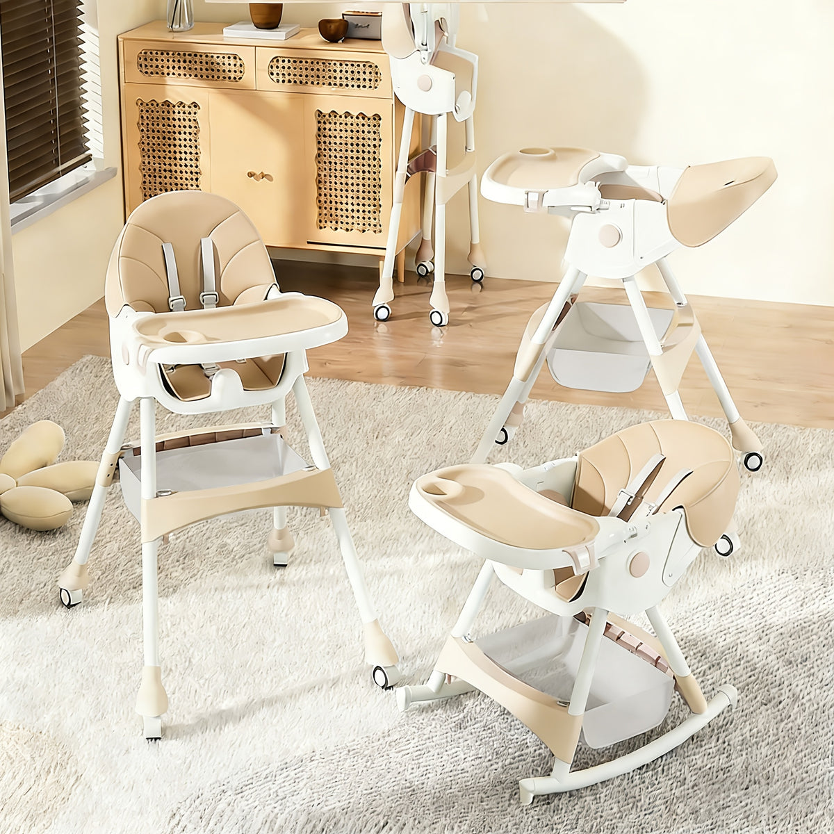 1 Adjustable Children's Dining Chair - Multifunctional, Portable, PU Leather, Blue And White Pattern, 5-point Seat Belt, with Tray Attached, Perfect for Home Use