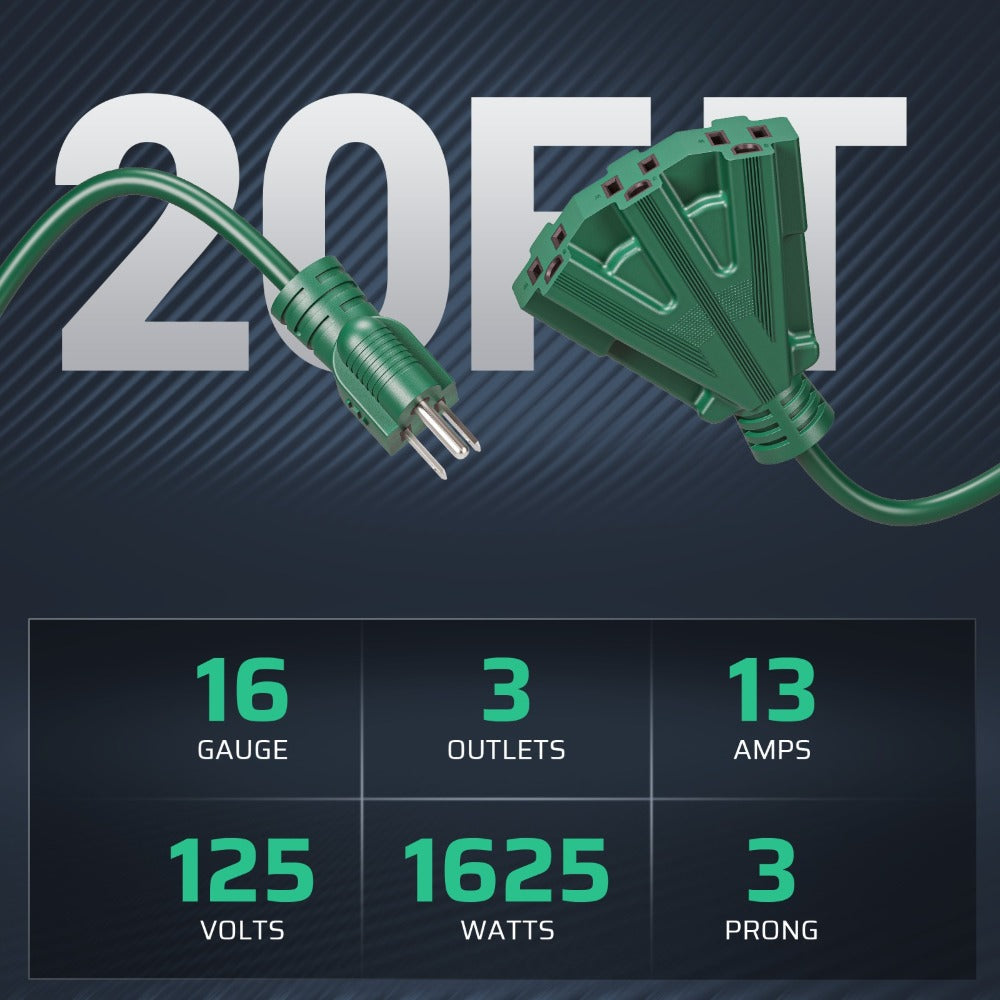 Green Extension Cord 3-Outlet Splitter 12FT 16/3 SJTW Flexible Copper Wire Triple Tap for Christmas Lights Holiday Decoration Landscape Lighting Outdoor Indoor Garage Workshop - product image 5