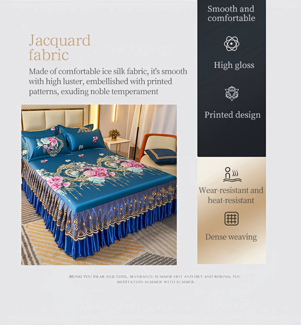 Floral Ruffle Bed Skirt Cool Mat 3 Piece Set with Pillowcase, Double Layer 360° Full Wrap Washable Cooling Mattress Cover, Breathable Summer Bedding Set for Twin Full Queen King, P - product image 24