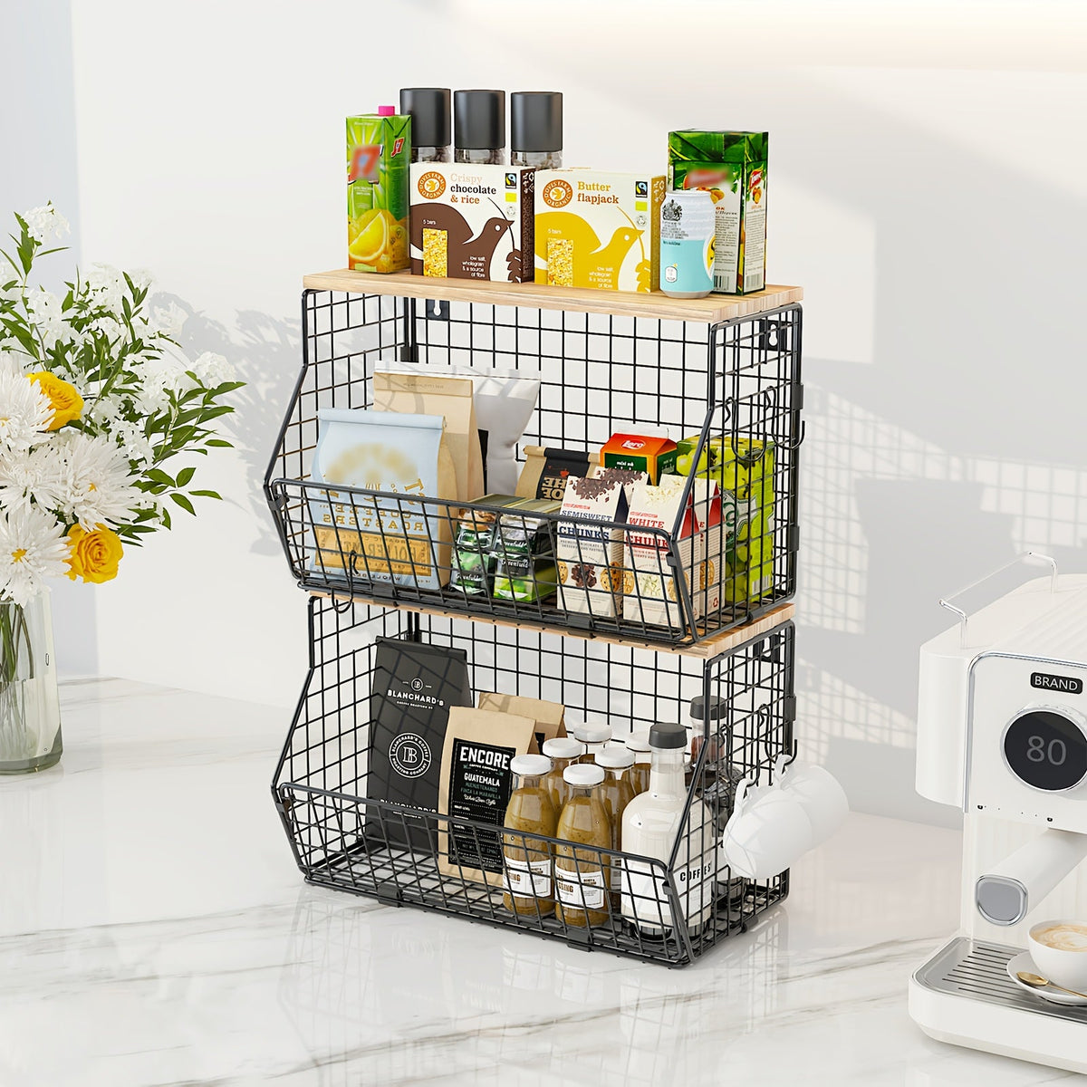 Stackable Metal Wire Fruit Basket with Lid – 1 or 2-Tier Hanging Kitchen Pantry Storage Bin, Wall-Mounted or Countertop Vegetable Organizer for Potato, Onion & Produce, Black - product image 21