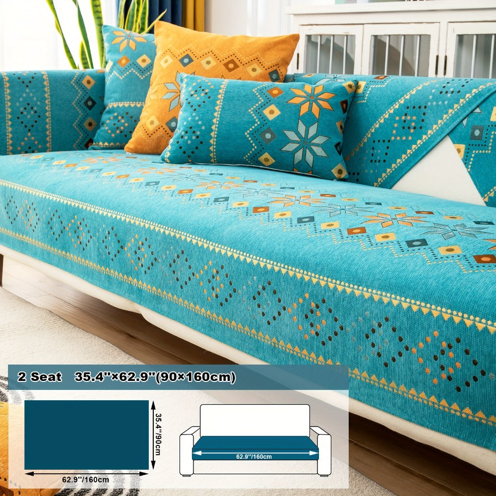 Bohemian Chenille Sofa Cover | Geometric Print Non-Slip Couch Slipcover, Thick Plush Boho Style, 1 to 4 Seat, Armrest & Backrest, Machine Washable, Sectional Sofa Protector - product image 5