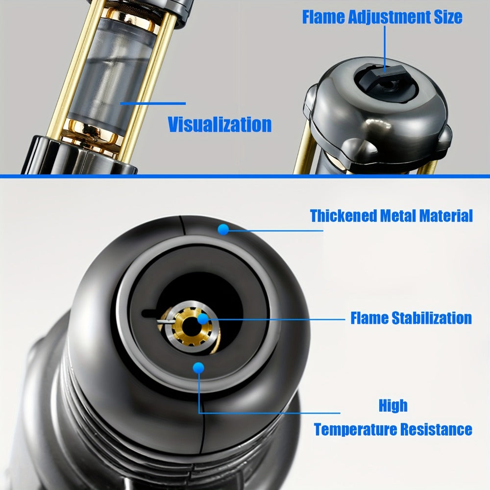 Butane Torch Lighter Windproof Jet Flame Zinc Alloy Refillable – Visible Fuel Tank, Adjustable Blue Flame, Rocket Design for Camping, BBQ, Cigar & Outdoor Use, Grey & Golden (No Bu - product image 7