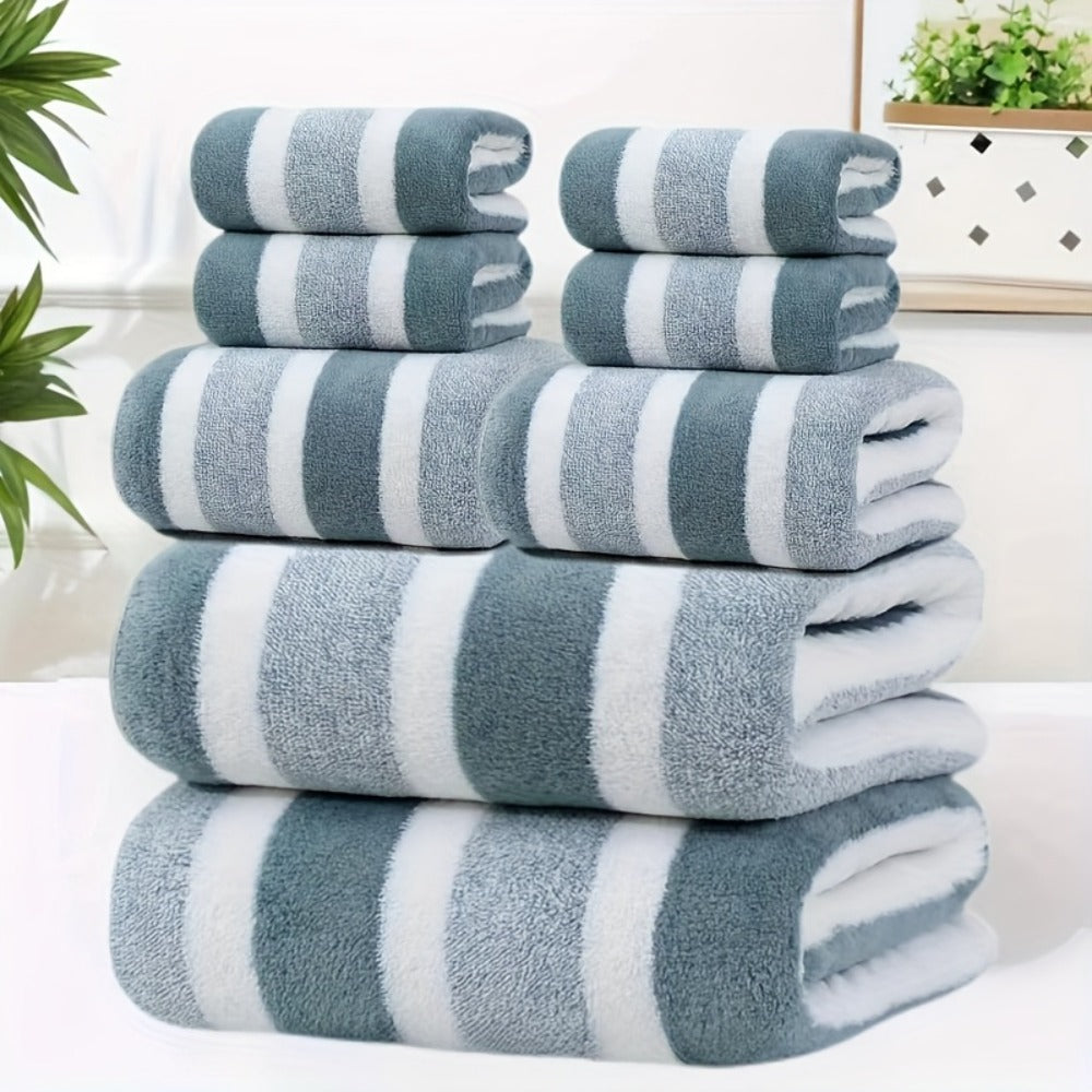 Towel Set 8 Piece Two-Color Striped - Super Absorbent Soft No Hair Loss Bath Towel Combo | 2 Bath Towels 2 Face Towels 4 Hand Towels | Grey Red Blue Green | Bathroom Family Hotel S - product image