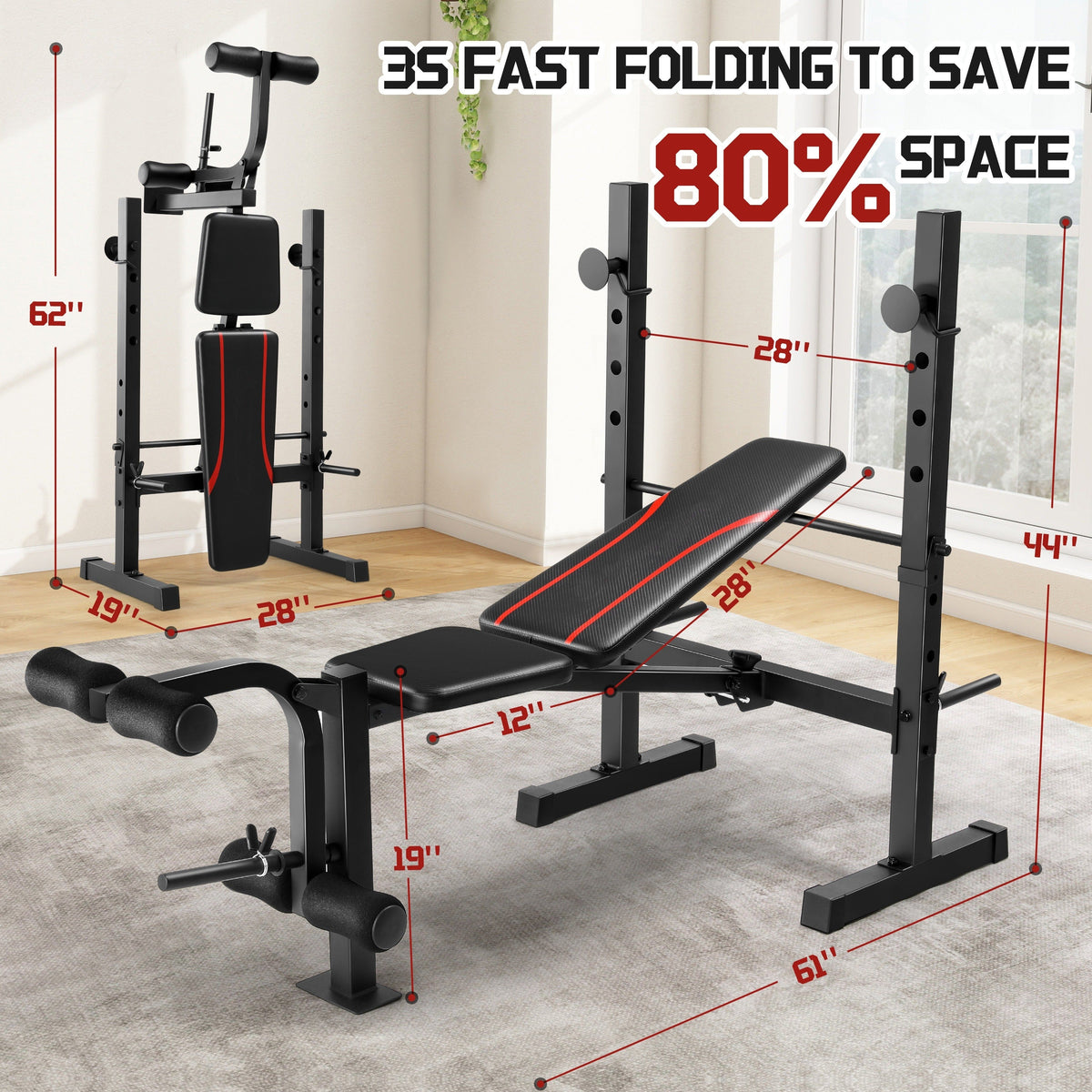 Adjustable Weight Bench Set – 3-Second Fast Fold, Full Body Strength Training for Press, Curl & Squat Exercises – Collapsible Home Gym Workout Bench with Squat Rack, Leg Developer & Preacher Curl Pad