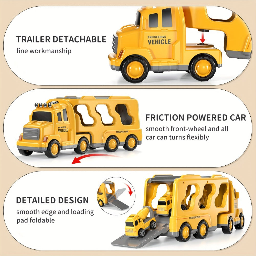 Construction Carrier Truck Toy Set for Kids Ages 3-7 | Large Transport Truck with 4 Mini Engineering Vehicles Excavator Crane Cement Mixer Bulldozer Friction - product image 7
