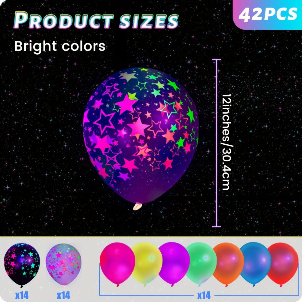 UV Neon Glow Balloons 42 Pcs Assorted | 12 Inch Blacklight Fluorescent Glow in the Dark Balloons with Neon Stars for Glow Party, Birthday, Wedding & Halloween Decorations