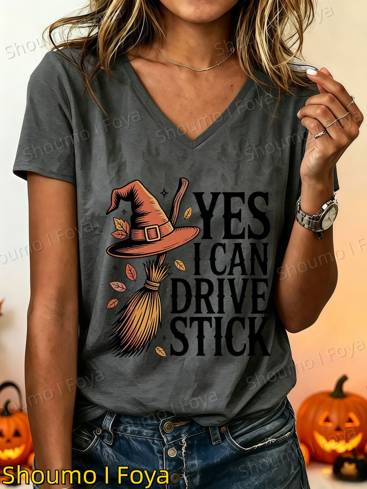 Halloween-themed Printed V-neck Short-sleeve Top, Witch Hat and Broom Print V-neck Short-sleeve Top, Women's Summer Clothing, Women's V-neck Top, Women's - product image