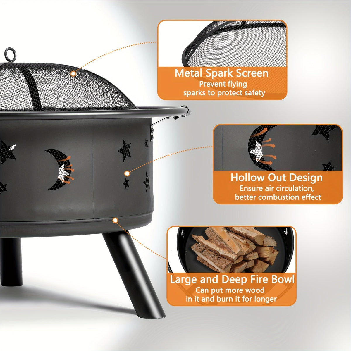 Fire Pit 30 Inch Round Wood Burning Outdoor Backyard Patio Steel Bowl with Spark Screen Mesh Lid Star Moon Cutout Carrying Ring Poker Included Black - product image 5