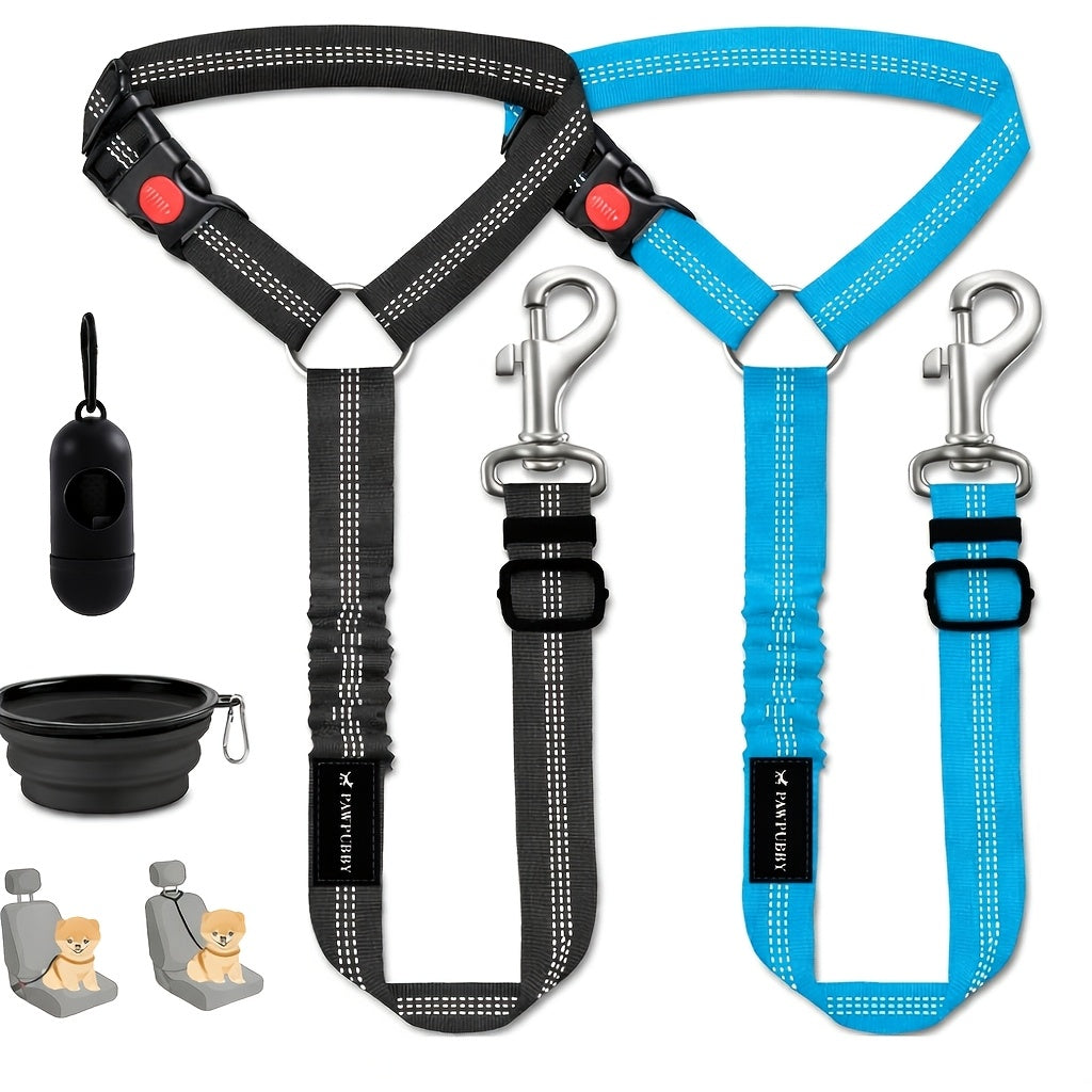 Retractable Adjustable Reflective Bungee Dog Restraint, Secures to Vehicle Headrest, Blue & Black | Dog Seat Belt for Car 3-in-1 Pet Car Seatbelt Harness - product image