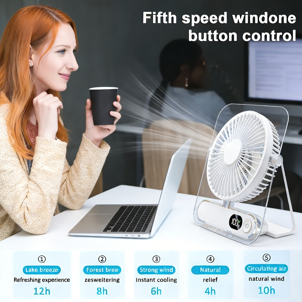 Desk Fan Portable USB Rechargeable 3000mAh Battery 5-Speed Adjustable 180 Degree Foldable Ultra Quiet Digital Display Acrylic for Home Office Travel Lightweight Cooling Fan - product image 5