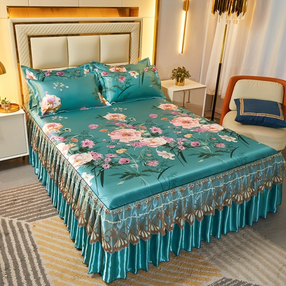Floral Ruffle Bed Skirt Cool Mat 3 Piece Set with Pillowcase, Double Layer 360° Full Wrap Washable Cooling Mattress Cover, Breathable Summer Bedding Set for Twin Full Queen King, P - product image 17